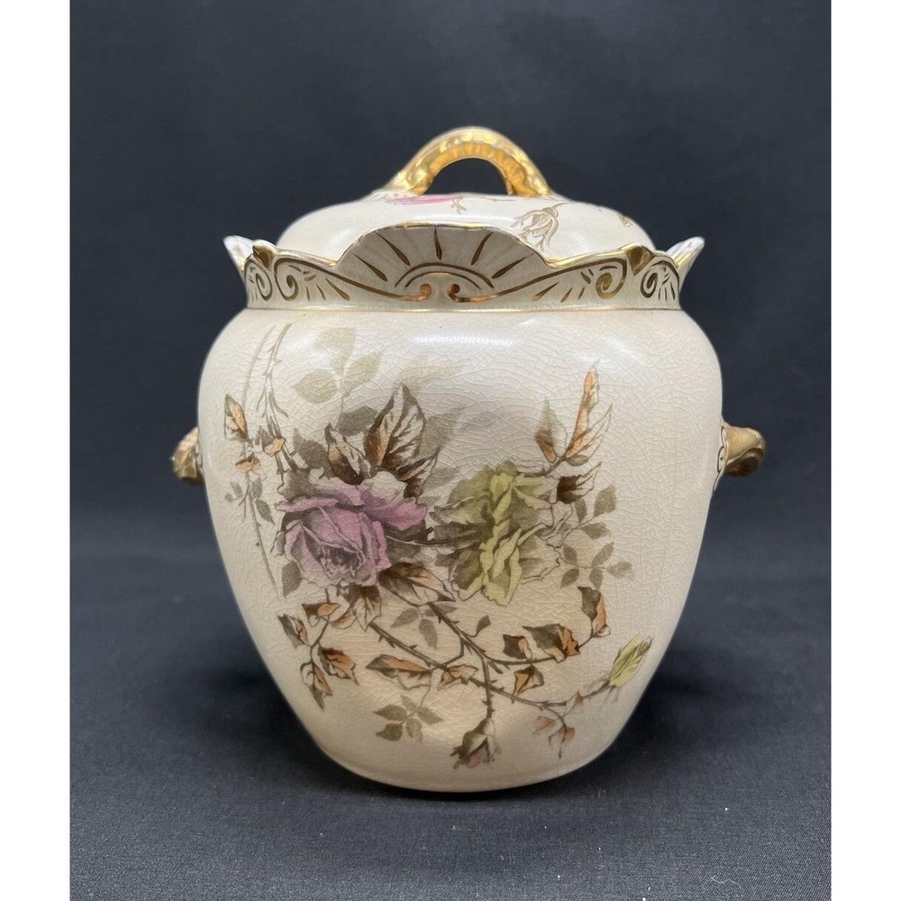 Charming Ott Brewer Biscuit Jar Pink Rose With Gold Handles And Trim